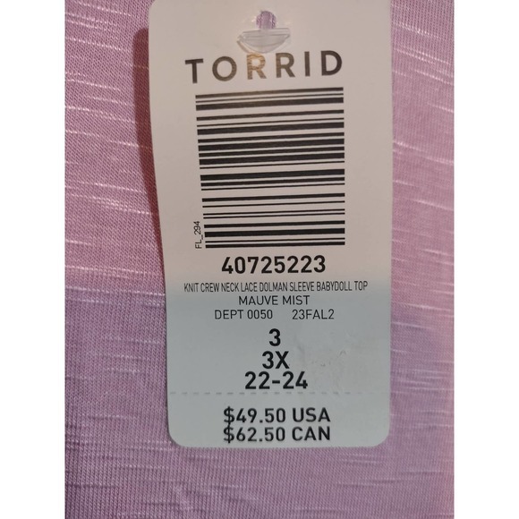Torrid NWT crew neck lace dolman sleeves baby doll pink blouse woman 3X (3) - Picture 3 of 5